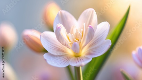 Delicate close-up of a white flower with soft pink details in sunlight