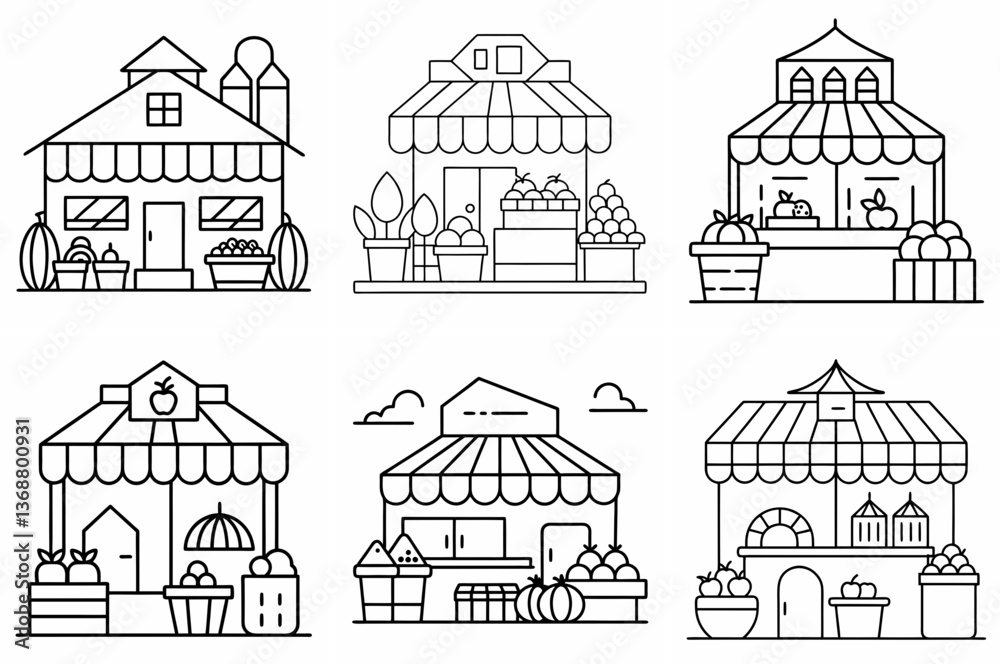 Cactus Outline Coloring Book Page Line Art Drawing Set on White Background