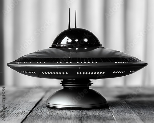 Monochrome close-up of a classic flying saucer model on a wooden surface.