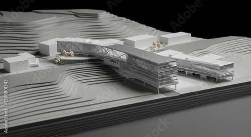 Architectural City Model with Urban Planning and Layered Landscape