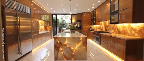 Luxurious modern kitchen with onyx island.