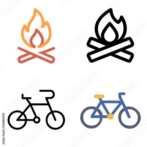 Campfire & Bicycle Line Icon and Color Icon Set
