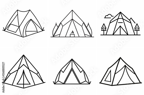 Camping Tent Outline Coloring Book Page – Line Art Drawing Set on White Background