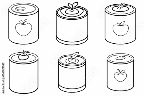 Canned Food Tomato Outline Coloring Book Page – Line Art Drawing Set on White Background