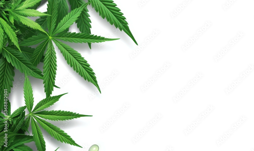 Cannabis extract oil drop and hemp leaf on white banner.