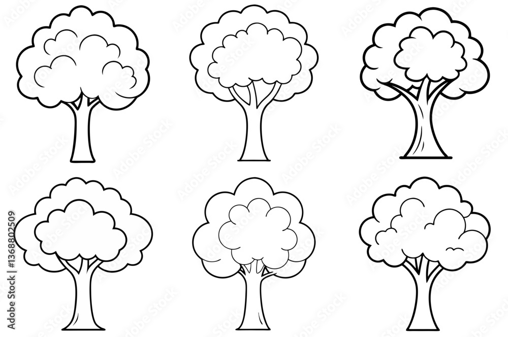 Naklejka premium Cartoon Tree Outline Coloring Book Page – Line Art Drawing Set on White Background