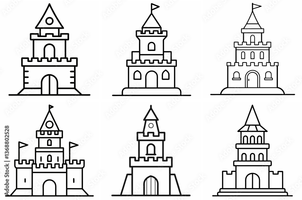 Fototapeta premium Castle Tower Outline Coloring Book Page – Line Art Drawing Set on White Background