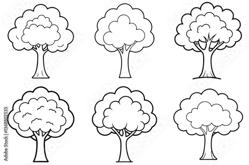Cartoon Tree Outline Coloring Book Page – Line Art Drawing Set on White Background