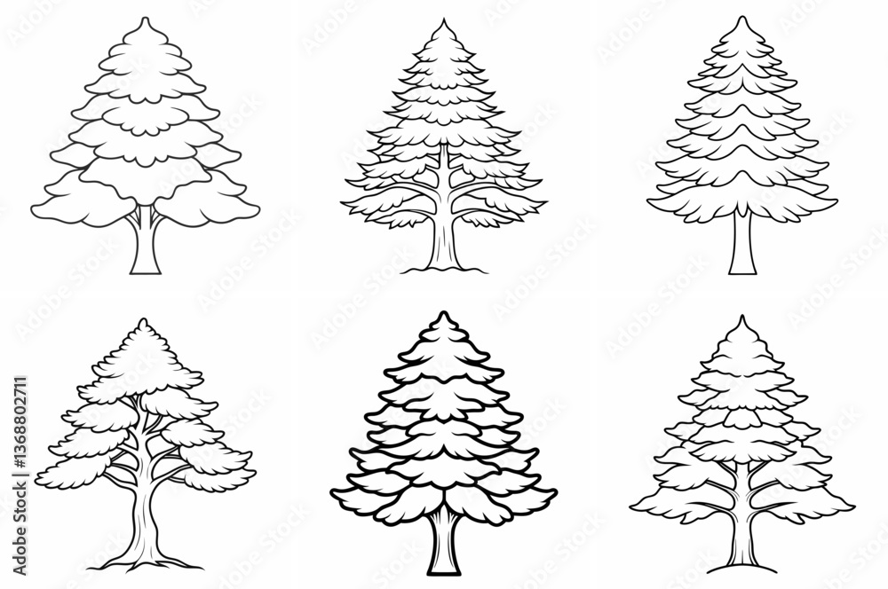 Fototapeta premium Cedar Tree Outline Coloring Book Page – Line Art Drawing Set on White Background