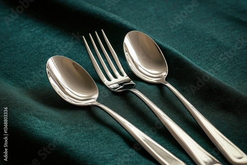 Elegant flatware set featuring two spoons and a fork resting on a dark green textured fabric surface.