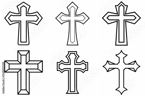Christian Cross Outline Coloring Book Page – Line Art Drawing Set on White Background