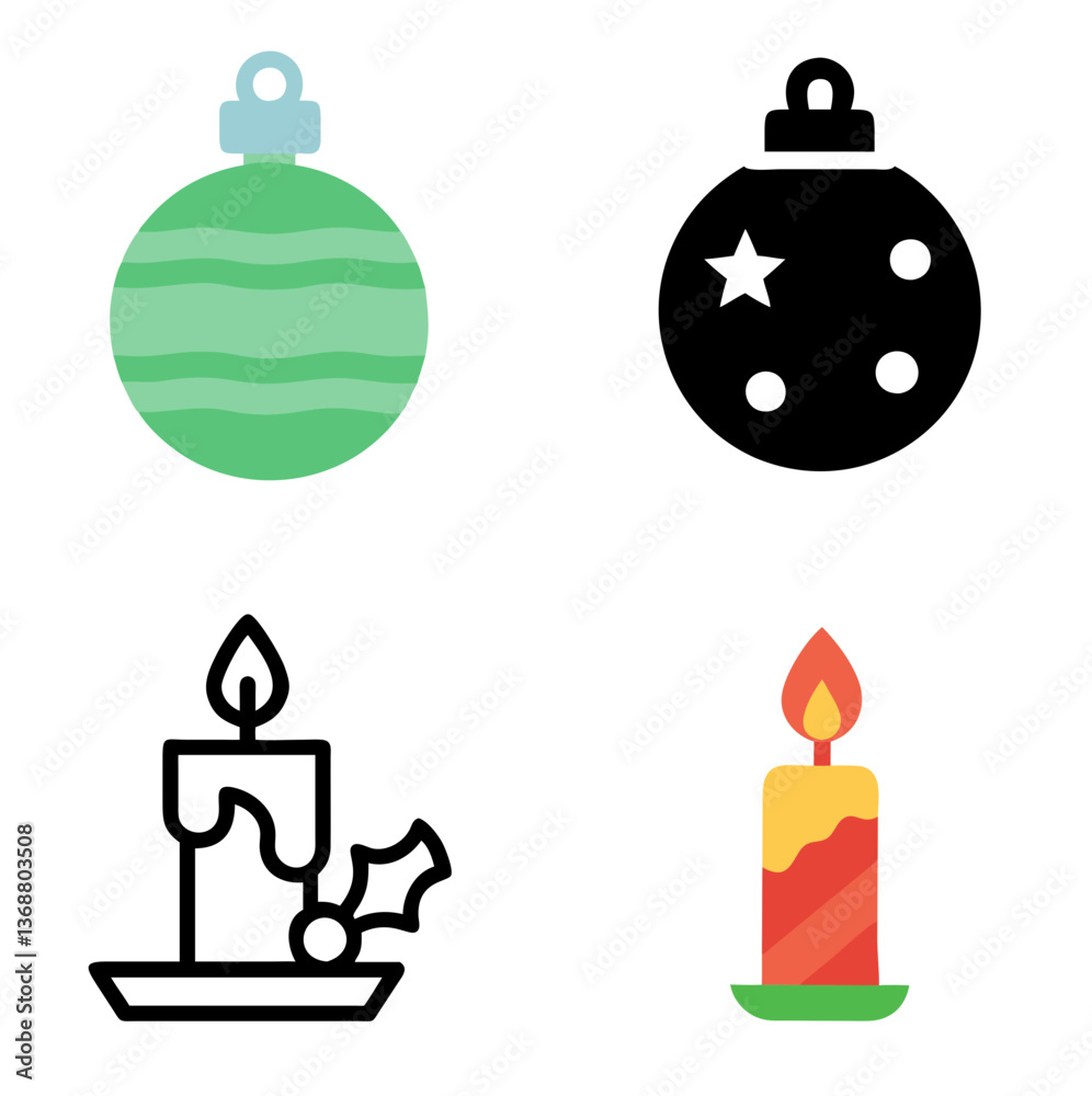 Obraz premium Christmas Bauble & Christmas Candle – Line Icon and Color Icon Set