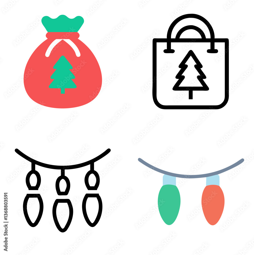 Christmas Gift Bag & Christmas Lights – Line Icon and Color Icon Set Christmas Gift Bag & Christmas Lights – Line Icon and Color Icon Set