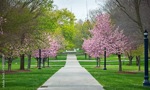 Serene spring pathway lined with blooming cherry blossom trees, inviting leisurely strolls in a park