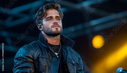 Man singing on stage with concert.