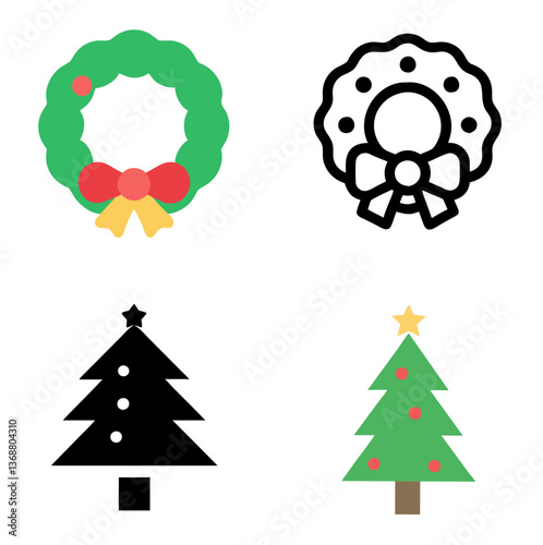 Christmas Wreath & Christmas Tree – Line Icon and Color Icon Set
