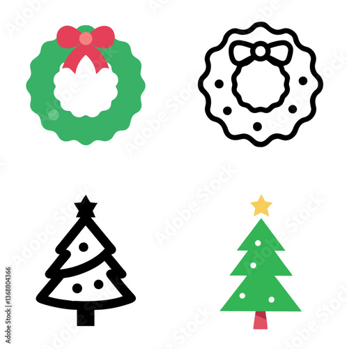 Christmas Wreath & Christmas Tree – Line Icon and Color Icon Set