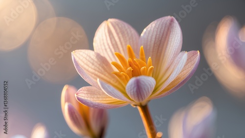Delicate crocus flower blooms, lit by soft sunlight