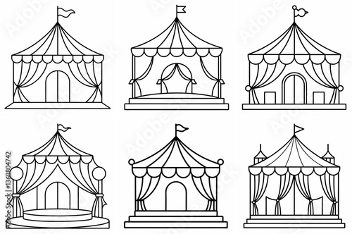 Circus Stage Outline Coloring Book Page – Line Art Drawing Set on White Background