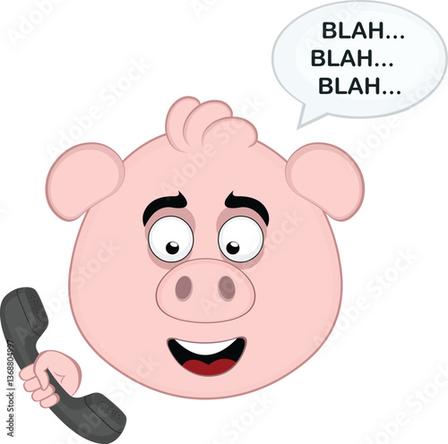 vector illustration emoji character face pig cartoon, talking on the phone and a speech bubble with the text blah