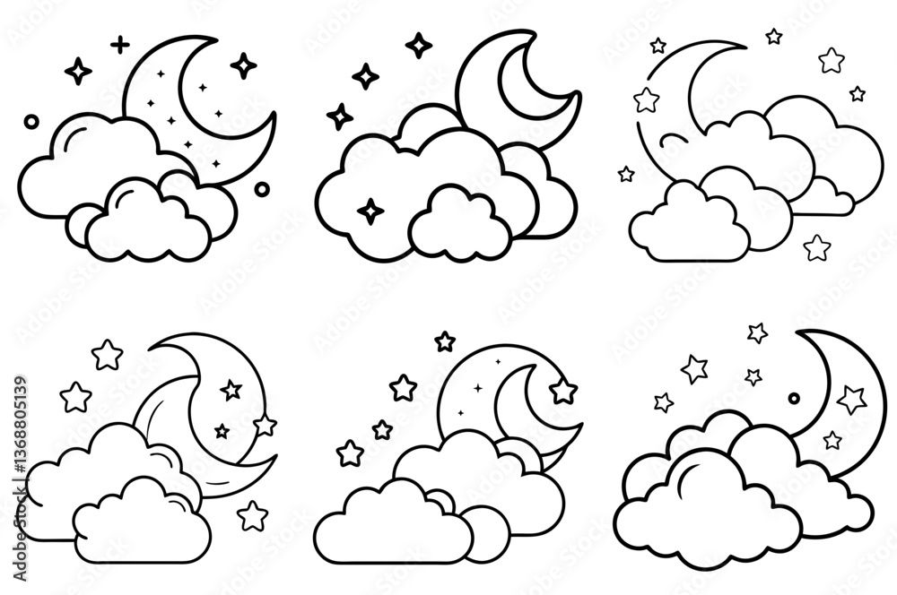 Obraz premium Clouds, Stars, and Moon Outline Coloring Book Page – Line Art Drawing Set on White Background