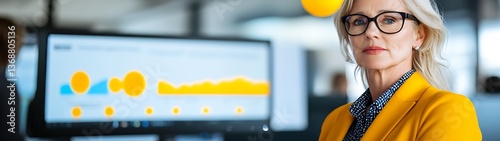 Businesswoman reviewing data on computer screen.