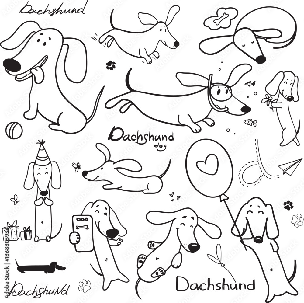 doodle sketch line Dachshund dog characters, hand drawn set. Vector graphic element illustration 