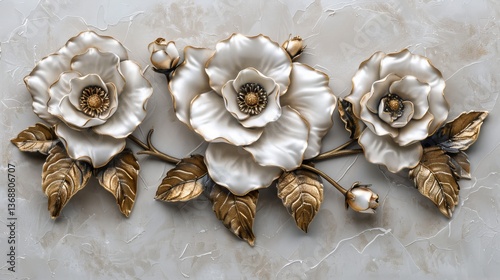 Luxurious design of golden leaves and buds on a white background with stucco peonies