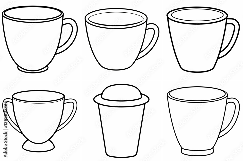 Cup Outline Coloring Book Page – Line Art Drawing Set on White Background