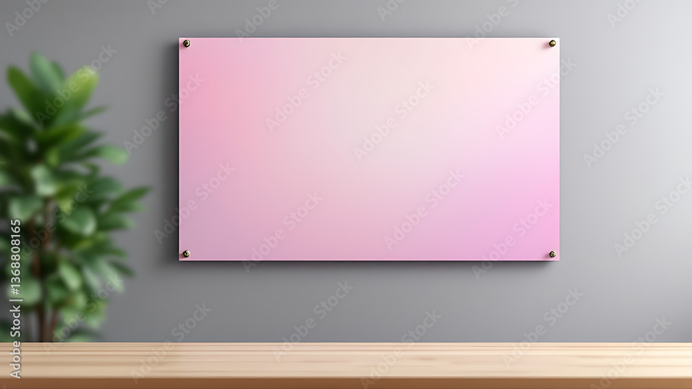 Obraz premium Serene pastel pink wall art, a calming minimalist piece adding gentle elegance to a modern space with subtle light and a blurred green plant.