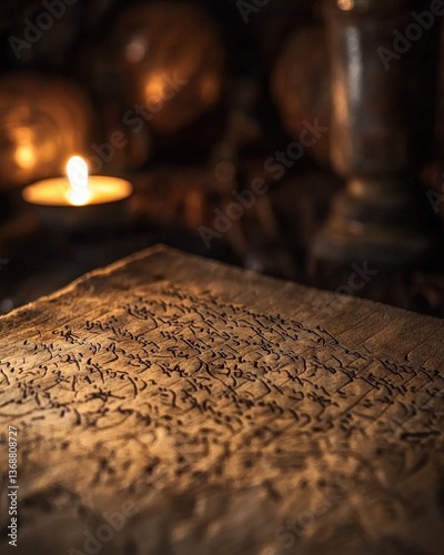 Ancient illuminated manuscript with intricate script in warm candlelight