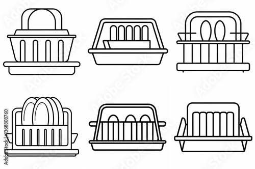 Dish Rack Outline Coloring Book Page – Line Art Drawing Set on White Background