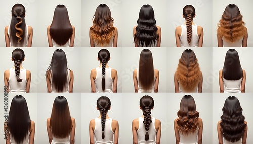Collection of various female hairstyles displayed from the back, showcasing different hair lengths, colors, and braiding styles.