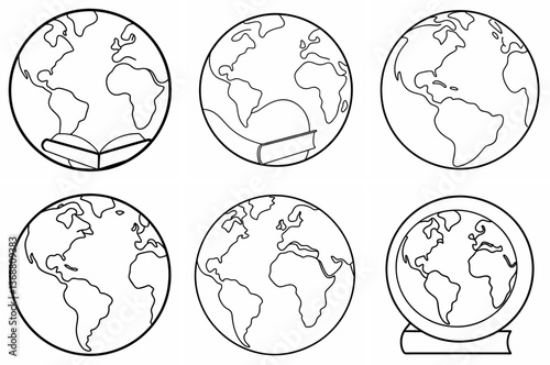 Earth Outline Coloring Book Page – Line Art Drawing Set on White Background