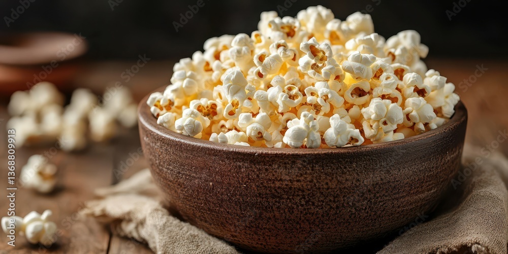 Freshly made popcorn in a rustic bowl on a wooden table ready for a cozy movie night Freshly made popcorn in a rustic bowl on a wooden table ready for a cozy movie night