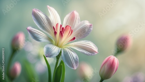 Delicate flower in focus with buds, soft colors, and dreamy blurred background
