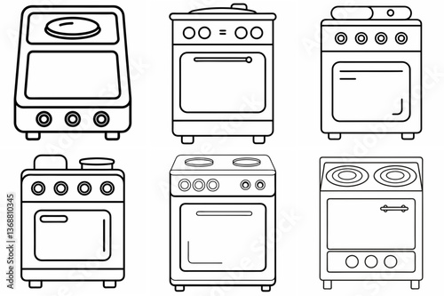 Electric Stove Outline Coloring Book Page – Line Art Drawing Set on White Background