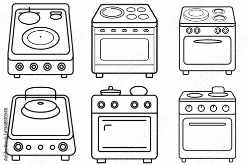 Electric Stove Outline Coloring Book Page – Line Art Drawing Set on White Background