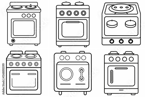 Electric Stove Outline Coloring Book Page – Line Art Drawing Set on White Background