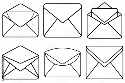 Envelope Outline Coloring Book Page – Line Art Drawing Set on White Background