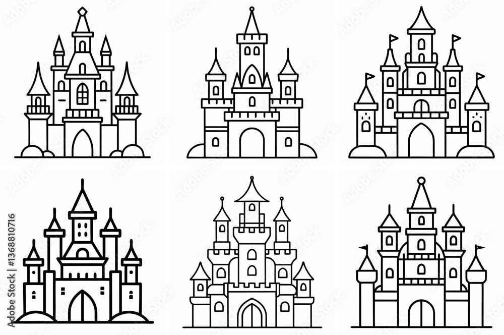 Fototapeta premium Fairytale Castle Outline Coloring Book Page – Line Art Drawing Set on White Background