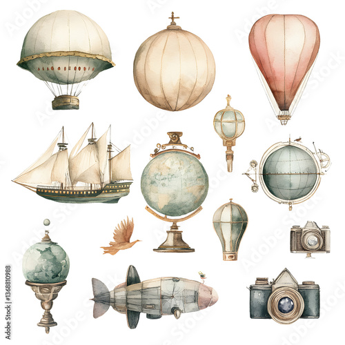 Wallpaper Mural Vintage Travel Watercolor Collection Hot Air Balloons, Ship, Globes, Cameras Torontodigital.ca