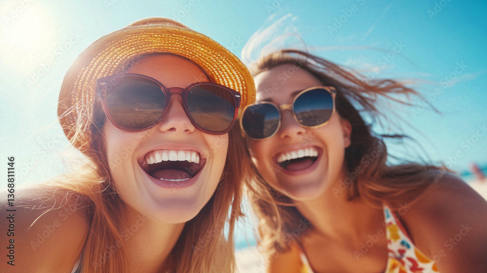 Two best friends enjoying a sunny day at the beach, smiling and laughing as they create unforgettable summer memories. Concept of friendship and adventure. best friends, beach, fun Two best friends enjoying a sunny day at the beach, smiling and laughing as they create unforgettable summer memories. Concept of friendship and adventure. best friends, beach, fun