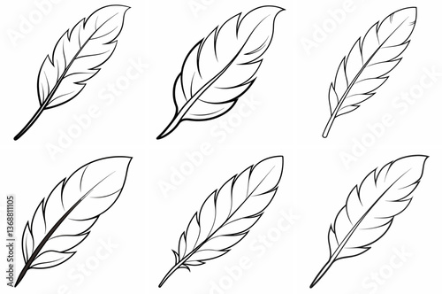 Feather Outline Coloring Book Page – Line Art Drawing Set on White Background
