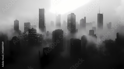 Monochrome metropolis, a cityscape veiled in vaporous shadows and light. Veiled Horizon. Illustration