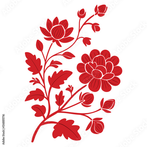 Asian flower simple hand drawn silhouette vector illustration in style of ancient Chinese or Japanese art. Red floral branch with blooms isolated on white background