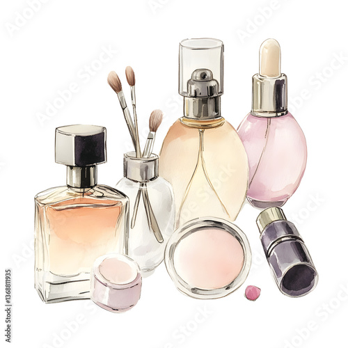 Watercolor Cosmetic and Perfume Still Life with Soft Pink and Orange Hues