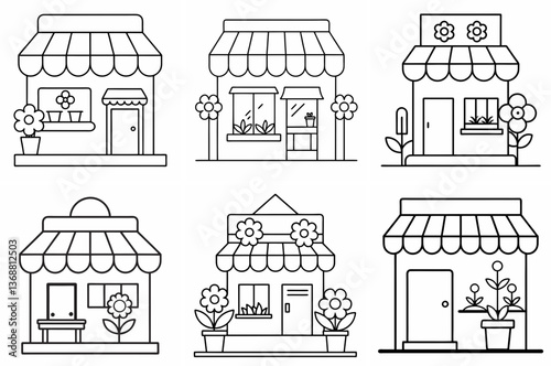 Flower Shop Outline Coloring Page - Line Art Drawing Set on White Background