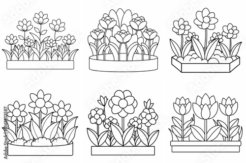 Flowerbeds Outline Coloring Page - Line Art Drawing Set on White Background