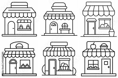 Food Shop Outline Coloring Page - Line Art Drawing Set on White Background